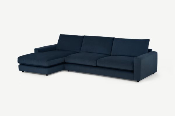 Arni grosses Ecksofa (Recamiere links), recycelter Samt in Marineblau - MADE.com