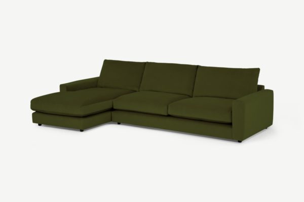 Arni grosses Ecksofa (Recamiere links), recycelter Samt in Moosgruen - MADE.com