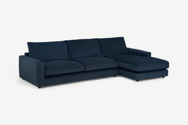 Arni grosses Ecksofa (Recamiere rechts), recycelter Samt in Marineblau - MADE.com