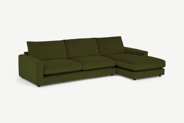 Arni grosses Ecksofa (Recamiere rechts), recycelter Samt in Moosgruen - MADE.com