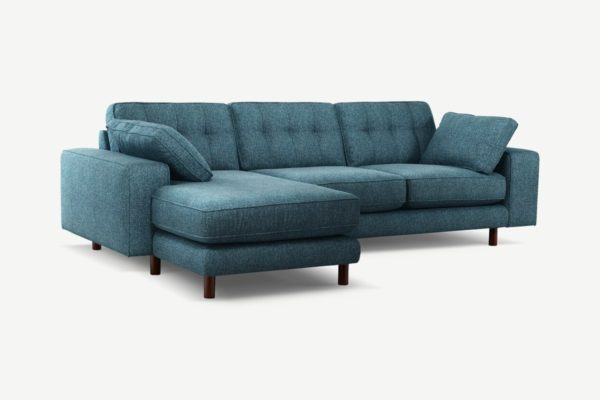 Atkinson Ecksofa (Recamiere links), strukturierter Webstoff in Aegaeisblau und dunkles Holz - MADE.com