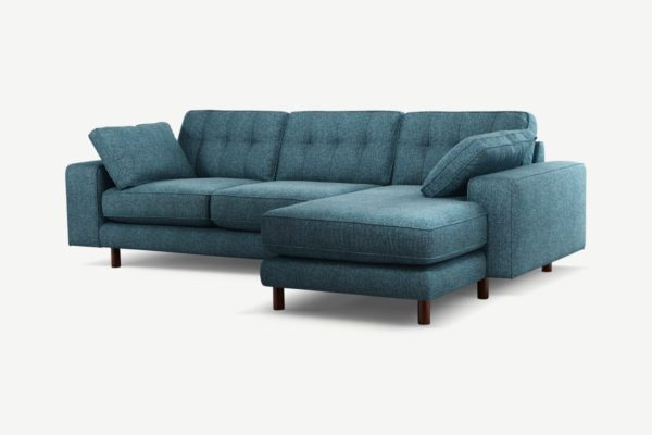 Atkinson Ecksofa (Recamiere rechts), strukturierter Webstoff in Aegaeisblau und dunkles Holz - MADE.com