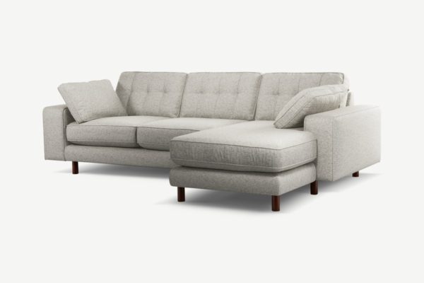 Atkinson Ecksofa (Recamiere rechts), strukturierter Webstoff in Grau und dunkles Holz - MADE.com